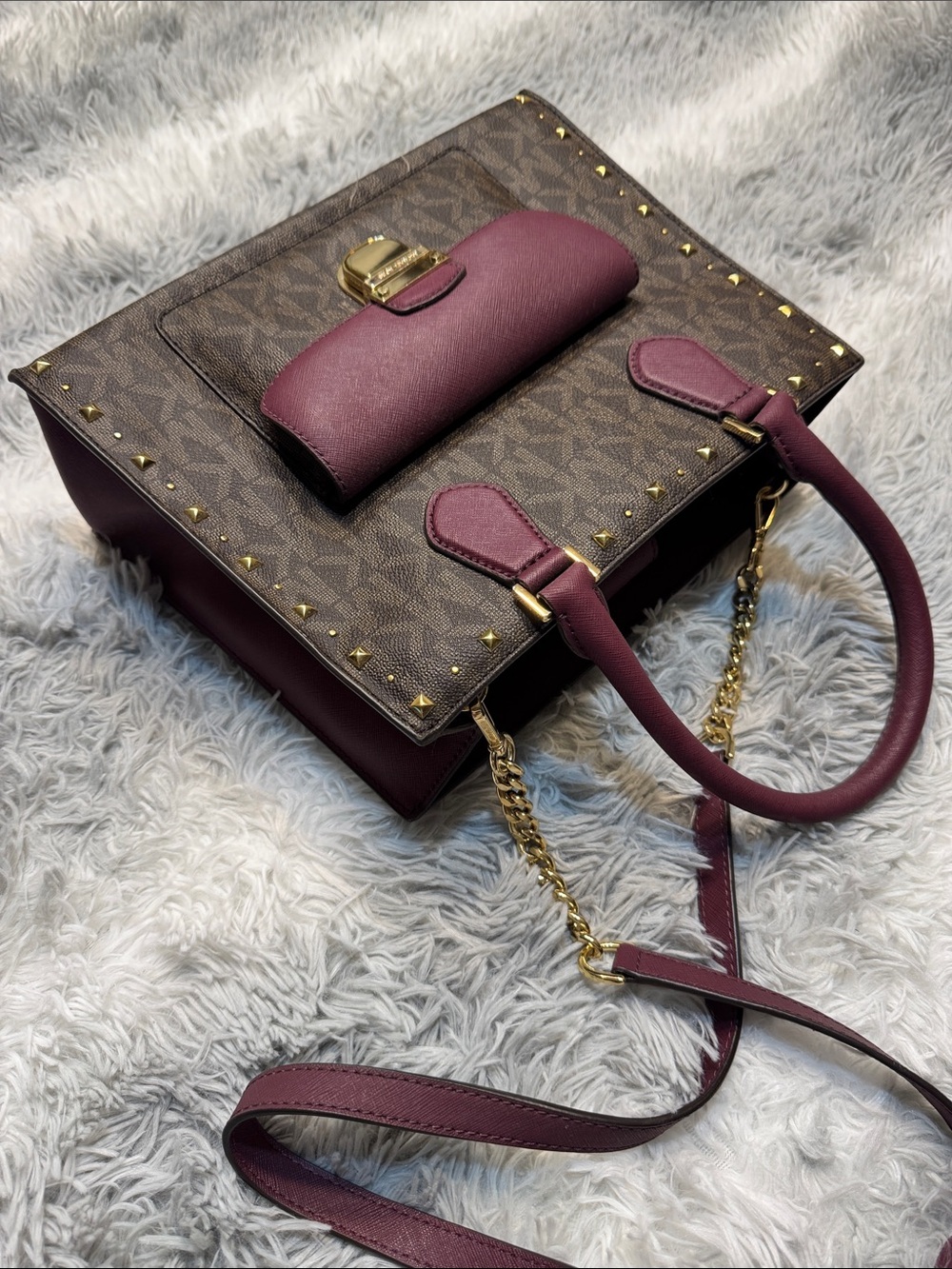 Michael Kors Brown Logo Satchel with Plum Accents